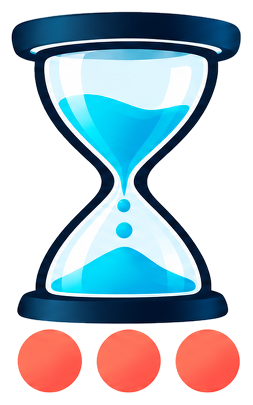 WAIT A MINUTE hourglass symbol with cyan sand and three coral dots